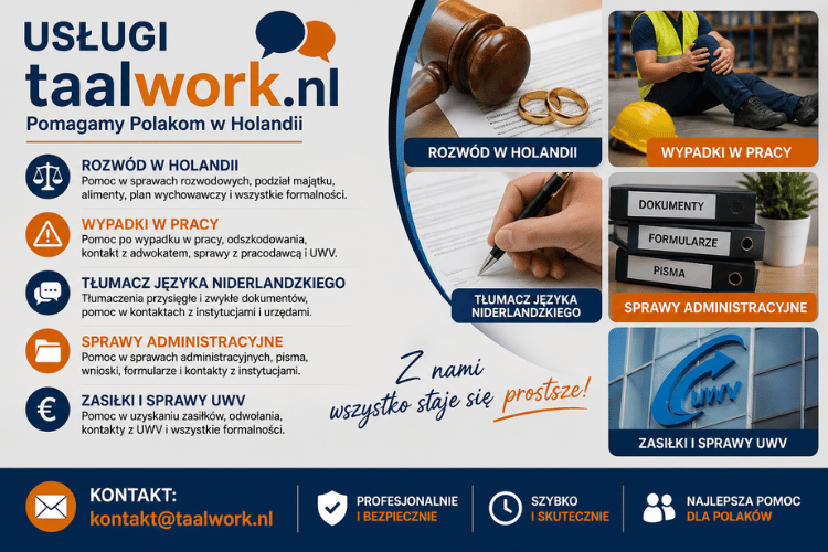 Baner reklamowy Taalwork.nl – profesjonalne usługi wsparcia dla Polaków w Holandii: pomoc powypadkowa, doradztwo IT, tłumaczenia i kontakt z urzędami