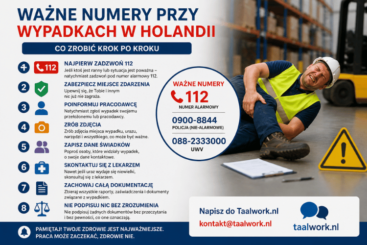 Infografika Taalwork.nl przedstawiająca ważne numery telefonów alarmowych i urzędowych w Holandii w razie wypadku w zakładzie pracy